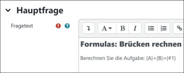 Ausschnitt der Einstellungen von Formulas. Abschnitt Hauptfrage, Fragetext.