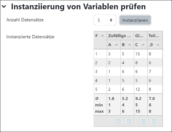 Ausschnitt der Einstellungen von Formulas. Abschnitt Instanziierung von Variablen prüfen mit 5 instanziierten..