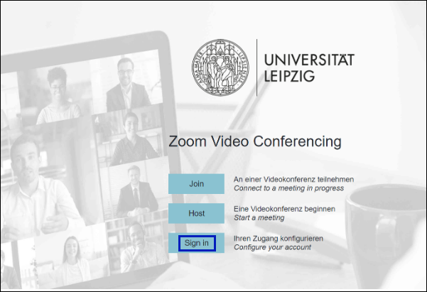 Startseite des Zoom-Logins über die Uni Leipzig.