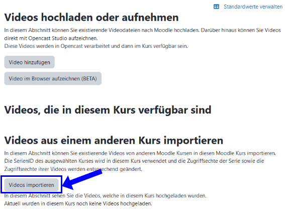 Screenshot der Hauptübersicht Aufzeichnungen in Videocampus (Beta). Im Unteren Bereich ist der Button Videos importieren hervorgehoben.