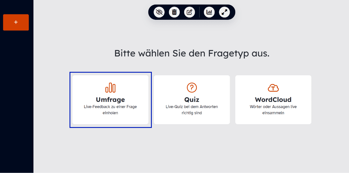 Ausschnitt der Moodleseite mit angezeigtem Mootimeter und blau umrahmten Auswahlfeld Umfragen.