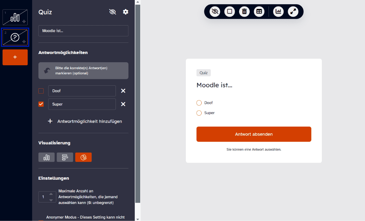 Konfigurationsseite des Quiz in Mootimeter mit der Frage:Moodle ist...