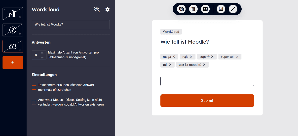 Konfigurationsseite der Wordcloud in Mootimeter mit der Frage:Wie toll ist Moodle? In der Vorschau sind einige abgegebene Antworten erkennbar.