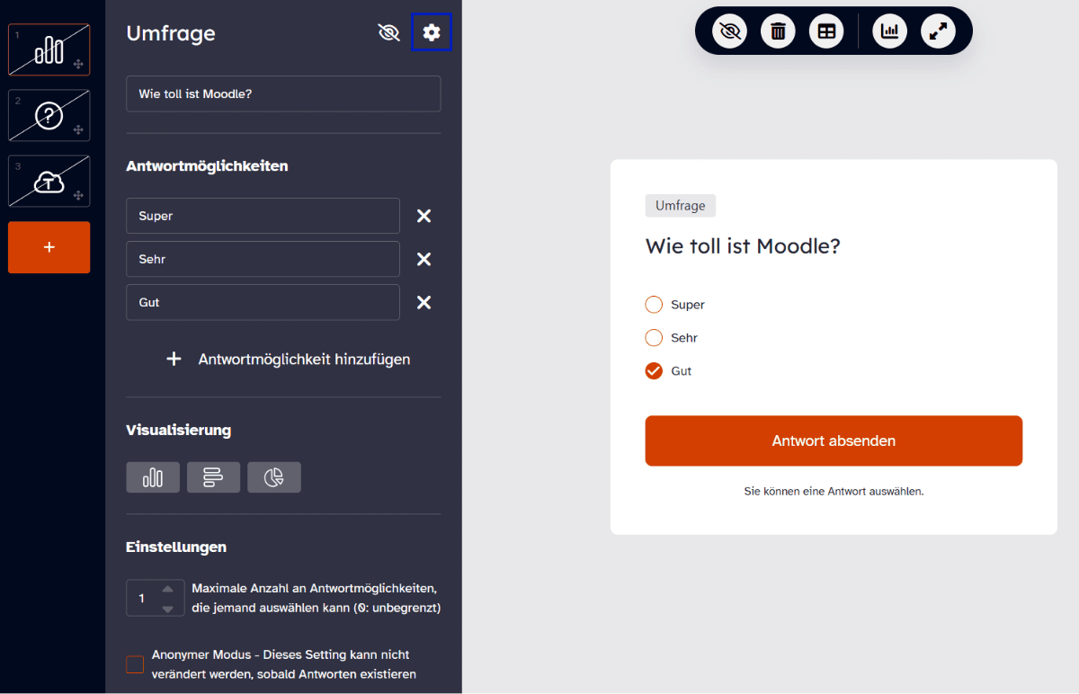 Konfigurationsseite der Umfrage in Mootimeter mit blau umrahmten Zahnrad-Icon zum löschen der Seite.
