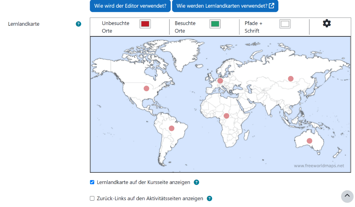 Ausschnitt der allgemeinen Einstellungen und des Lernlandkarteneditors. Dort sind nun 6 halbtransparente rote Punkte auf der Karte sichtbar.