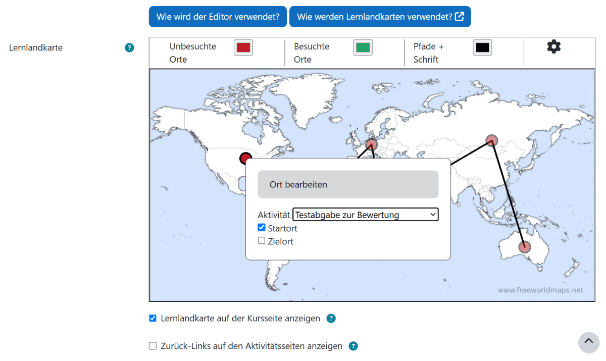 Ausschnitt der allgemeinen Einstellungen und des Lernlandkarteneditors. Menü zum Markieren eines Ortes als Start- oder Zeilortes und verlinkter Aktivität.