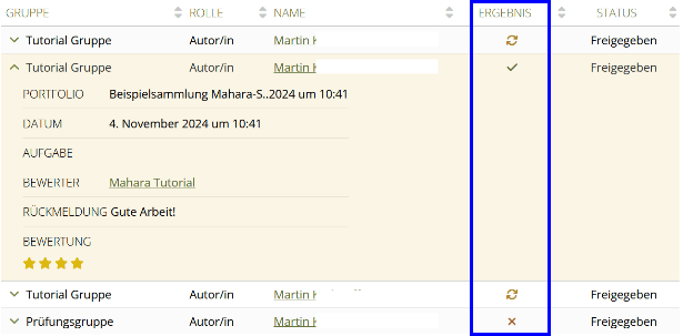 Screenshot des Fensters Einreichungen. Tabellarisch sind alle Einreichungen mit den Spalten Gruppe, Rolle, Name, Ergebnis und Status aufgelistet. Durch Klick in der Spalte Gruppe können zusätzliche Informationen zur Abgabe in der jeweiligen Zeile aufgerufen werden: Portfolio, Datum, Aufgabe, Bewerter, Rückmeldung und Bewertung. In der Spalte Ergebnis werden die Ergebnisse (Überarbeiten, Bestanden oder Nicht bestanden) angezeigt.