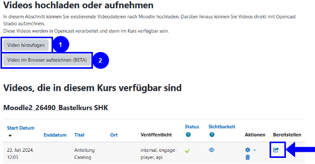 Screenshot des Fensters Video hochladen oder aufnehmen, dass sich nach Klick auf den vorherigen Button öffnet. Die Buttons Video hochladen (1) und Video im Browser aufzeichen (Beta) (2) sind hervorgehoben. Darunter erscheinen in Tabellarischer Auflistung alle bereits hochgeladenen Videos mit Start Datum, Enddatum, Titel, Ort, Veröffentlicht, Status, Sichtbarkeit, Aktionen und Bereitstellen als Spalten der Tabelle. In der Spalte bereitstellen befinden sich in der Zeile zu jedem Video der Button Opencast Einzelvideo-Aktivität zum Kurs hinzufügen bzw.Opencast Einzelvideo-Aktivität im Kurs anzeigen, falls das Video bereits im Kurs eingebunden ist. Der Button ist ebenfalls hervorgehoben.