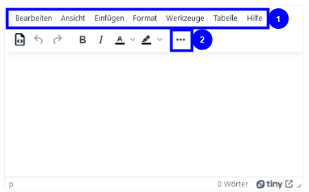 Screenshot eines Editorfeldes in Moodle. Hervorgehoben sind die Taskleiste mit mehreren Drop Down Menüs und das Feld Zusätzliche Symbolelemente ein- und ausblenden.