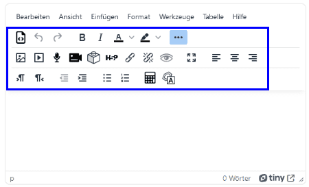 Screenshot des TinyMCE-Editors in dem alle Symbolelemente eingeblendet sind. Im vergleich zum vorherigen Screenshot sind 21 zusätzliche Buttons aktiviert