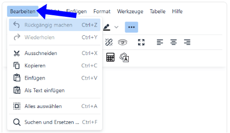 Screenshot des TinyMCE. In der Hauptleiste des Editors ist das Fenster Bearbeiten ausgeklappt.