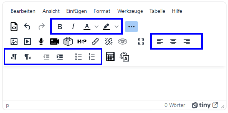 Screenshot des TinyMCE. Alle Symbole sind eingeblendet. Die Optinen Fett, Kursiv, Unterstrichen, Hintergrundfarbe, Linksbündig, Zentriert, Rechsbündig, Von Links nach Rechts, von Rechts nach Links, Einzug verkleinern, Einzug vergrößern, Aufzählung und Nummerierte Liste sind hervorgehoben.