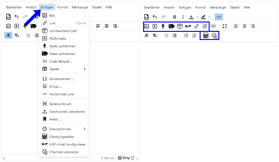 Screenshot des TinyMCE. Das Feld Einfügen in der Hauptleiste ist ausgeklappt. Außerdem sind in den Sybolleisten die Felder Bild, Multimedia, Audio aufnehmen, Video aufnehmen, Lernbausteine, H5P-Inhalte konfigurieren, Link, Link entfernen, Gleichungseditor und Chemical Substance hervorgehoben.