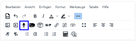 Screenshot des TinyMCE. In der Sybolleiste ist das Feld Audio aufnehmen hervorgehoben.