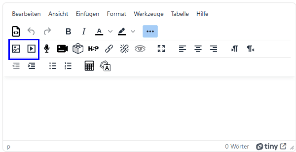 Screenshot des TinyMCE. Die Symbol-Buttons Bild und Multimedia sind hervorgehoben.