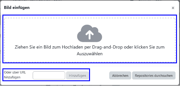 Screenshots des Fensters, dass sich nach Klick auf Bild öffnet es zeigt einen Bereich zum einfügen einer Datei via Drag and Drop sowie ein Textfeld zum einfügen einer URL.