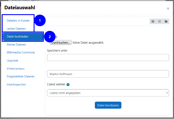 Ansicht der Dateiauswahl, die Tabs können im Linken bereich ausgewählt werden. Hervorgehoben sind Dateien in Kursen und Letzte Dateien mit der Nummer 1 und Datei hochladen mit der Nummer 2.