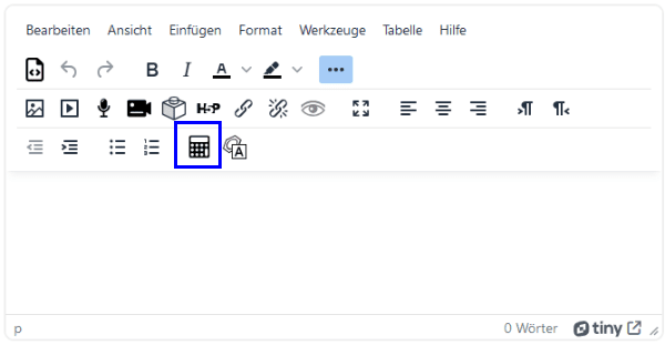 Ansicht des TinyMCE, hervorgehoben ist in der Symbolleiste der Button Gleichungseditor