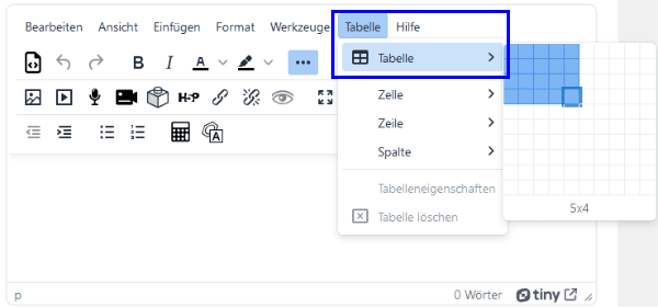 Screenshot des TinyMCE. Der Tab Tabelle ist ausgeklppt und darin die Option Tabelle hervorgehoben.