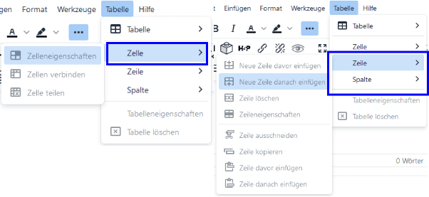 Screenshot des TinyMCE. Der Tab Tabelle ist ausgeklppt und darin die Optionen Zelle, Zeile und Spalte hervorgehoben, die weitere Menüs mit mehreren Optionen öffnen.