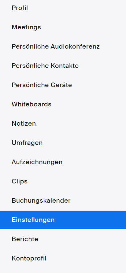 Navigationsfenster der Zoomstartseite nach Anmeldung mit blau hervorgehobener Auswahl Einstellungen.