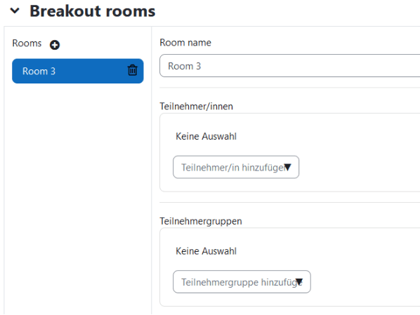 Ausschnitt der Einstellungen 'Breakout rooms'mit Einstellungen zu neu dem erstellten Raum