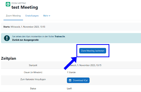 Übersicht der Aktivität 'Zoom-Meeting mit blau umrandeten Button 'Dem Meeting beitreten'.