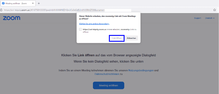 Bildschirmfoto des Browsers zum Öffen des Meetings mit blau umrahmten Button 'Link öffnen'.