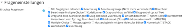Frageneinstellungen für die erlaubten Fragetypen mit jeweiligen Auswahlkästchen.