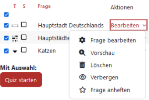 Ausschnitt der Aktivitätsübersicht mit Fokus auf der Fragenliste und ausgeklapptem 'Bearbeiten'-Menü.