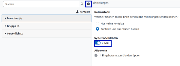 Mitteilungsmenü mit blau umrandeten Zahnrädchen und aktiviertem Schalter 'E-Mail'.