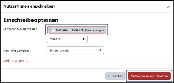 Screenshot des nach Anklicken von "Nutzer/innen einschreiben" geöffneten Menüs. Markiert ist das Textfeld, indem nach einem Namen gesucht werden kann und der Button "Nutzer/innen einschreiben" durch den das Einschreiben der ausgewählten Nutzer bestätige wird.