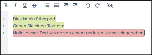 Ansicht eines Etherpads in das zwei Benutzer Text eingefügt haben. Der jeweilige Text ist mit unterschiedlicher Farbe hinterlegt.