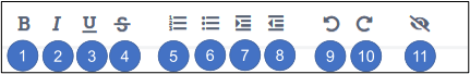 Ansicht der Editor-Leiste bei einem geöffneten Etherpad am oberen Rand. Die Buttons sind von links nach rechts 1-11 durchnummeriert.