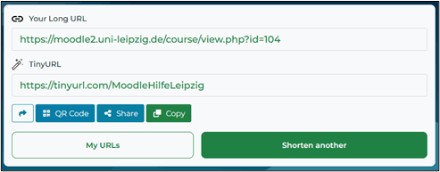 Screenshot der Ansicht nach Kürzung der URL. Die Ursprungs-URL sowie die verkürzte Alternative werden angezeigt.