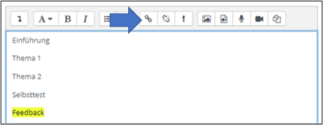 Screenshot des Texteditors für das Hauptmenü. Markiert ist der Button "Link einfügen" in den Einstellungen des Textfensters.