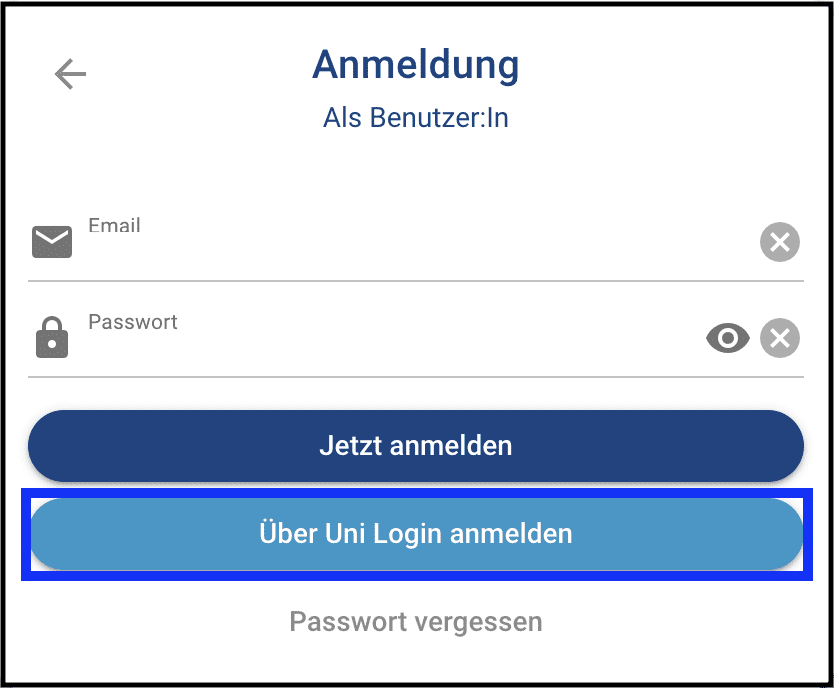 Anmeldeoberfläche von TaskCards. Blau umrandeter Button Über Uni Login Anmelden