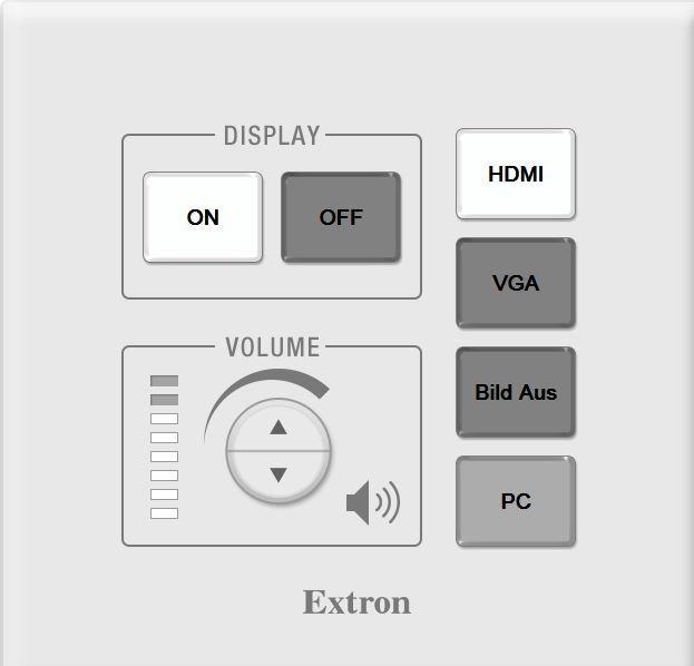 Bedienfeld mit On- und Off-Schaltern zum Ein- und Ausschalten des Projektors, 3 Quellen-Auswahltastern (HDMI, VGA, PC), einem Bild-Aus-Taster sowie einer Regelung für die Lautstärke