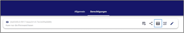In Taskcards. Bildschirm der Berechtigungsverwaltung einer Pinnwand mit blau umrandetem Icon, Pinnwand per iFrame einbetten, auf einer erstellten Berechtigung.