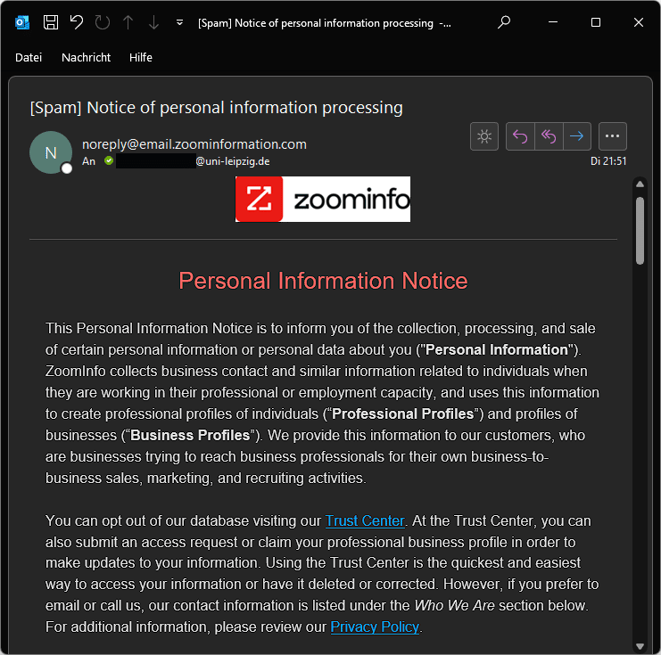 E-Mail von noreply@email.zoominformation.com, die ein rotes Firmenlogo und Text in Englischer Sprache mit Links enthält