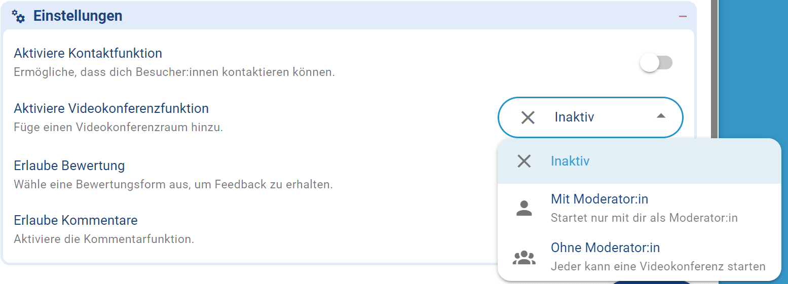 Ausschnitt des Fensters nach Klicken auf das Stiftsymbol mit ausgeklapptem Reiter Einstellungen und DropDown-Menü der Videokonferenzoptionen