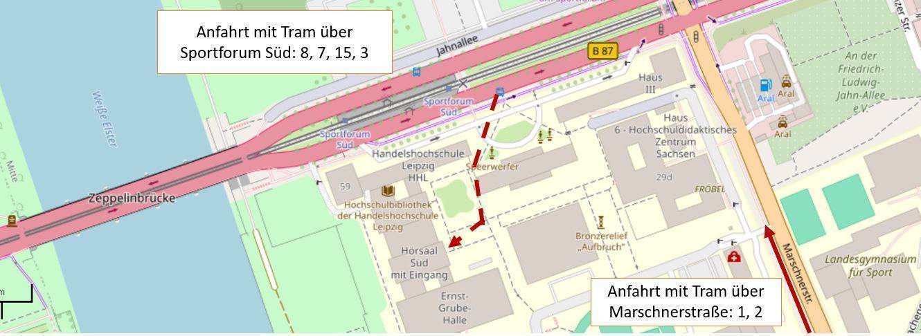 Karte zur Anreise zur Jahnallee über die Straßenbahnlinien 1, 2, 3, 7, 8 und 15 über die Haltestellen: Sportforum-Süd oder Marschnerstraße