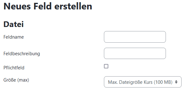 Screenshots des Fensters zum Erstellen eines "Datei" Feldes mit den Textfeldern "Feldname" "Feldbeschreibung" und "Größe" und der Checkbox "Pflichtfeld".