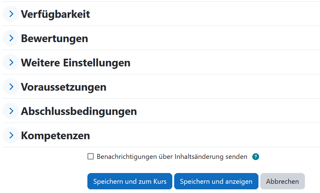 Screenshot des restlichen Einstellungsfenster zum Erstellen einer Datenbank. Am Ende die Buttons "Speichern und zum Kurs" "Speichern und anzeigen" und "Abbrechen".