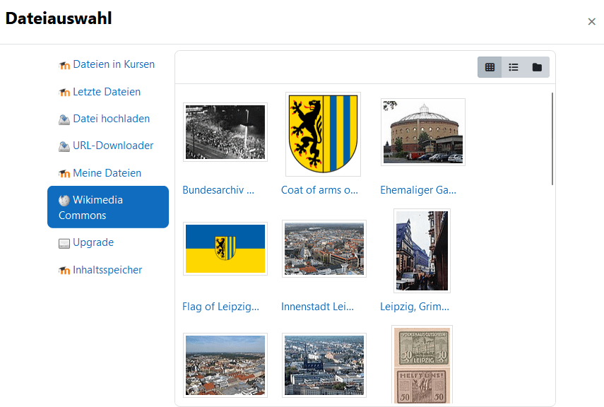 Screenshot der Suchergebnisse bei der Suche nach "Leipzig". Es erscheinen Bilder vom Leipziger Stadtwappen, sowie Stadtansichten.