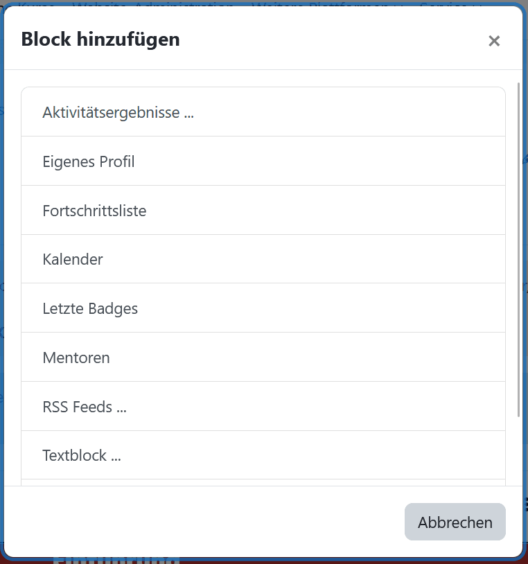 Screenshot der Ansicht "Block hinzufügen" in Moodle. Enthalten sind Buttons für die einzelnen Arten von Blöcken in der Blockleiste.