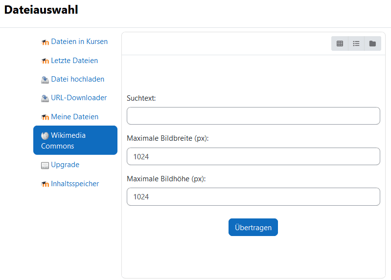 Screenshot des Menüs "Dateiauswahl". Dieses Mal ist der Menüunterpunkt "Wikimedia Commons" ausgewählt. In diesem Menü kann über das Feld "Suchtext" eine Suche in Wikimedia Commons gestartet werden.