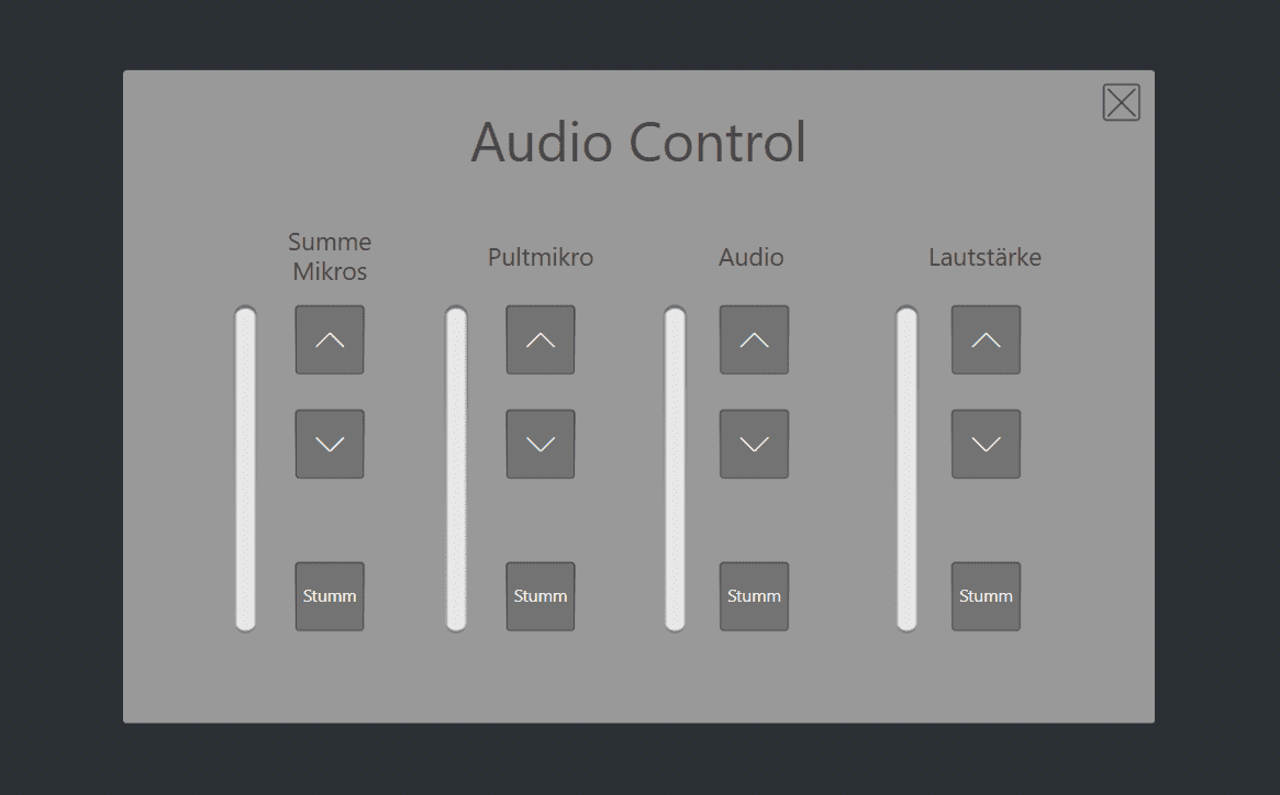 Audiosteuerungs-Menü mit Fadern zum Regeln der Mikrofonsumme, des Pultmikros, des Medientons und der Gesamtlautstärke