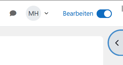 Screenshot des oberen rechten Bereiches eines Moodle-Kurses. Unter dem Bearbeiten-Button ist der Button mit einem nach links gerichteten Pfeil zum Ausklappen der Blockleiste hervorgehoben.