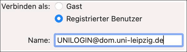 Eingabemaske mit Uni-Login Domain und die Auswahl der Verbindung als: Gast oder registrierter Benutzer.